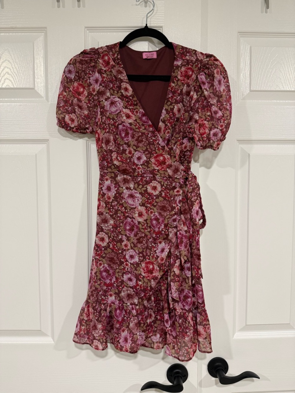 miami Burgundy and Pink Floral Wrap Mini Dress